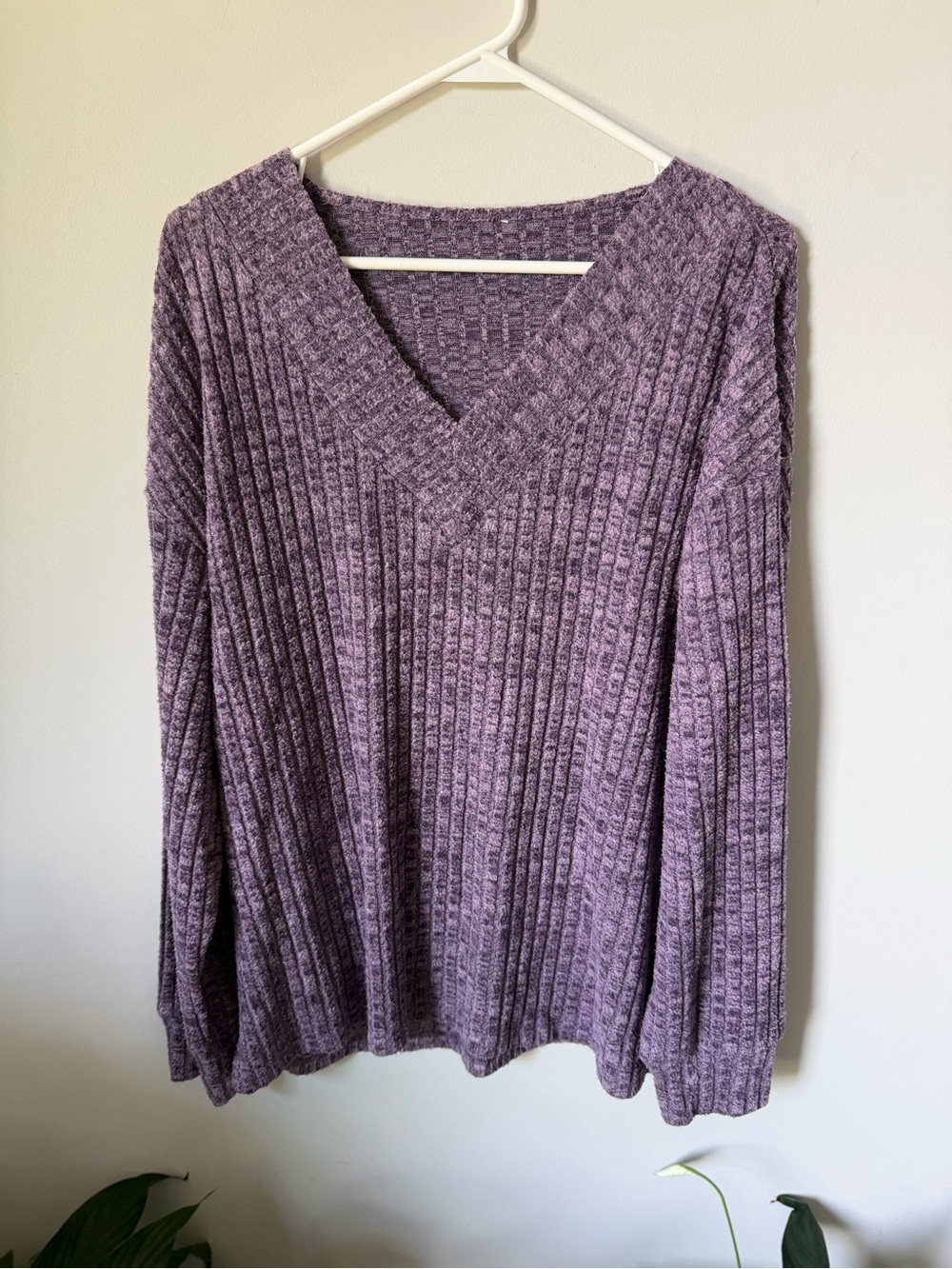 Soft V-Neck Chenille Sweater in Lavender, 1X/2X